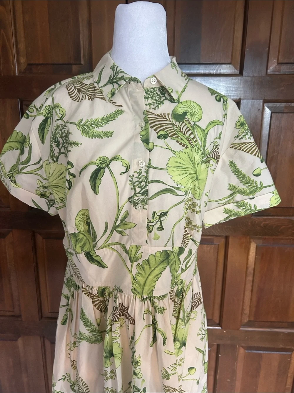 Talbots Modern Poplin Smocked Midi Shirt Dress 12P Branching Floral Green Cotton